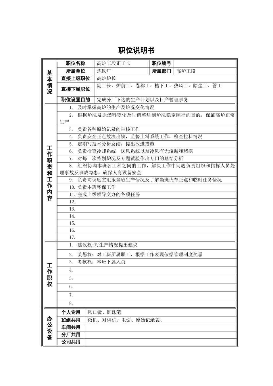 高炉工段正工长岗位说明书_第1页