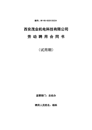 1试用期劳动聘用合同