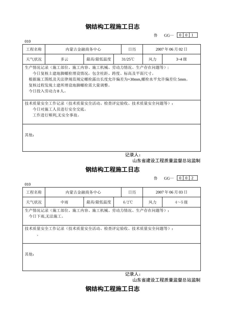 鲁GG-010钢结构工程施工日志_第1页