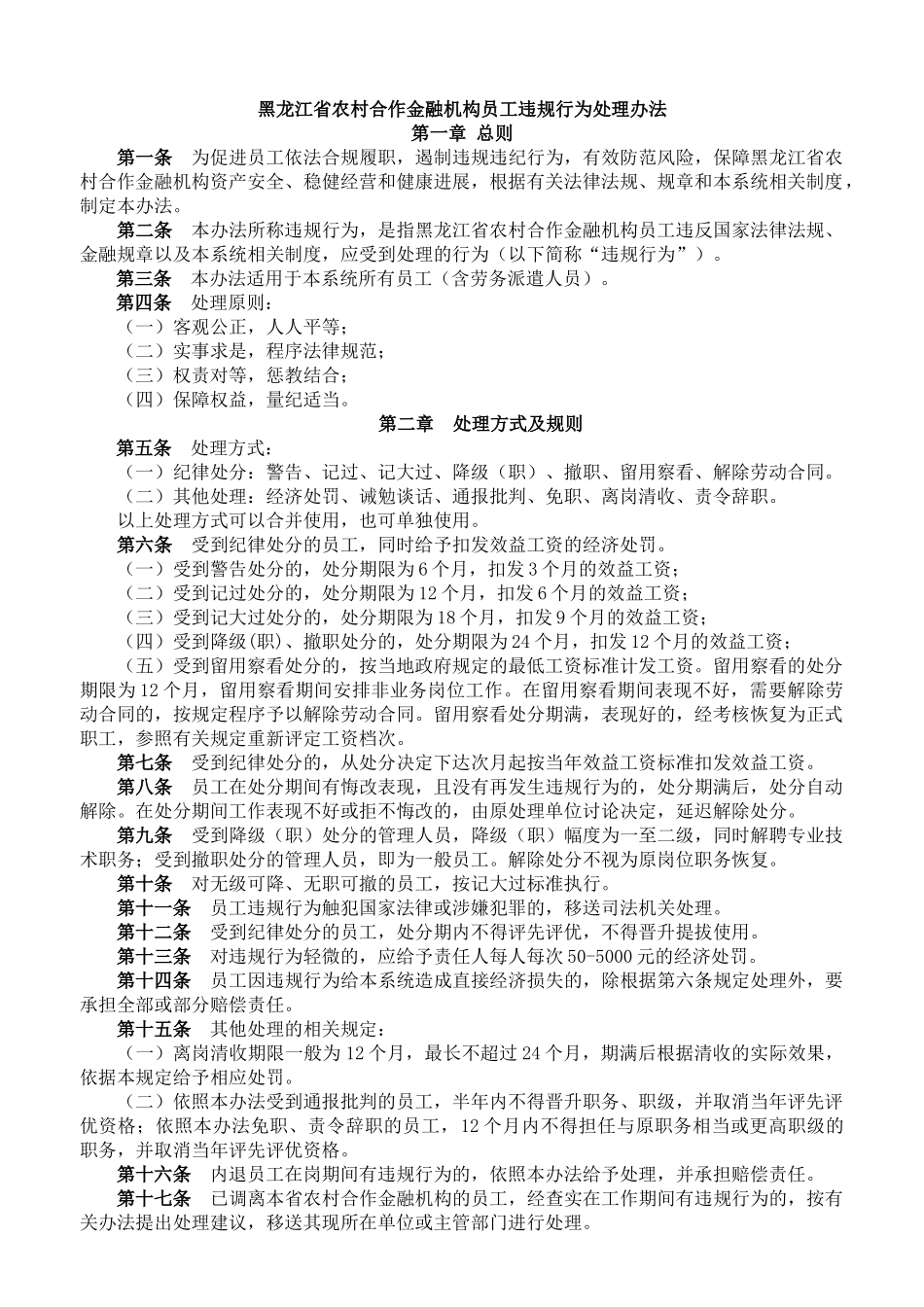 黑龙江省农村合作金融机构员工违规行为处理办法_第1页