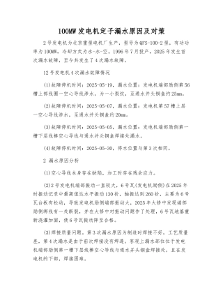 100MW发电机定子漏水原因及对策