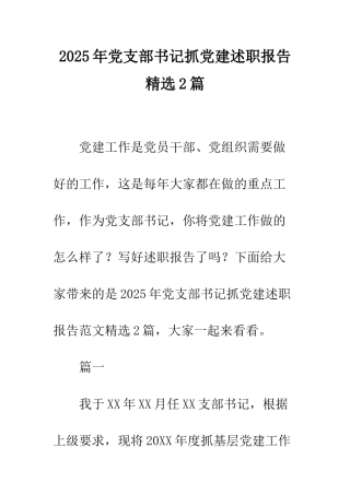 2025年党支部书记抓党建述职报告精选2篇