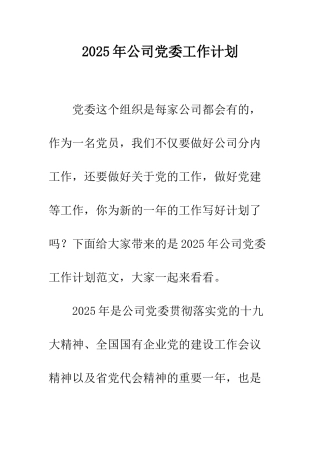 2025年公司党委工作计划