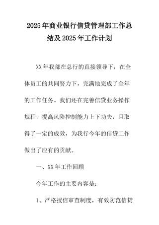 2025年商业银行信贷管理部工作总结及2025年工作计划