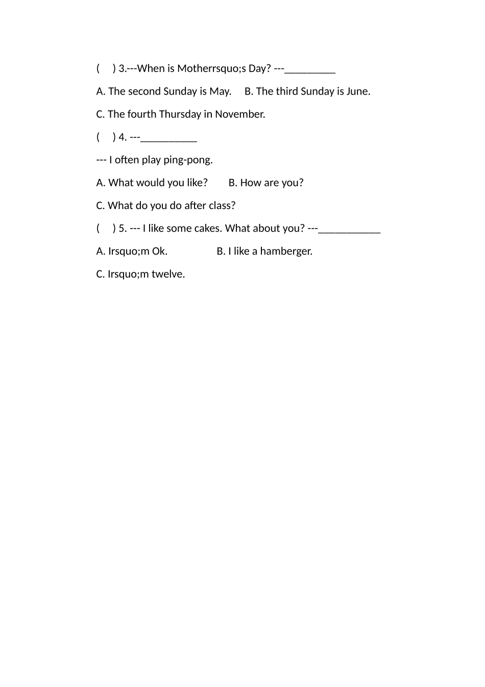 5年级英语期中试题答案_第3页