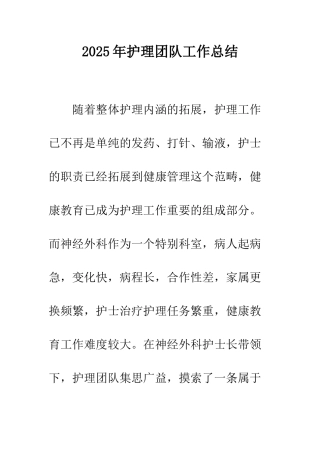 2025年护理团队工作总结