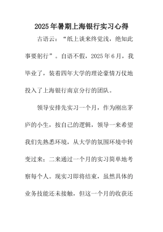 2025年暑期上海银行实习心得