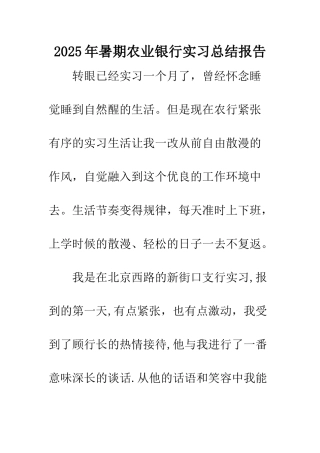 2025年暑期农业银行实习总结报告