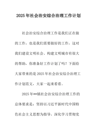 2025年社会治安综合治理工作计划