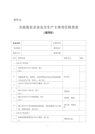 全面落实企业安全生产主体责任检查表(通用版)
