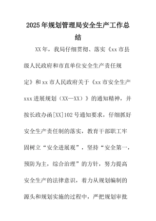 2025年规划管理局安全生产工作总结