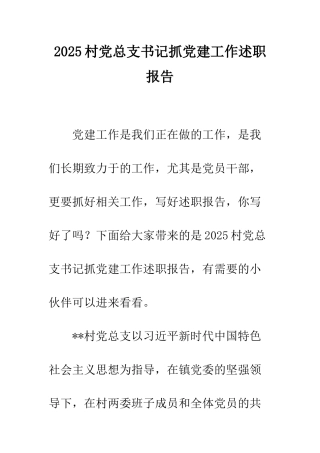 2025村党总支书记抓党建工作述职报告
