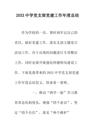 20XX中学党支部党建工作年度总结