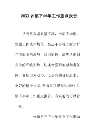 20XX乡镇下半年工作重点报告