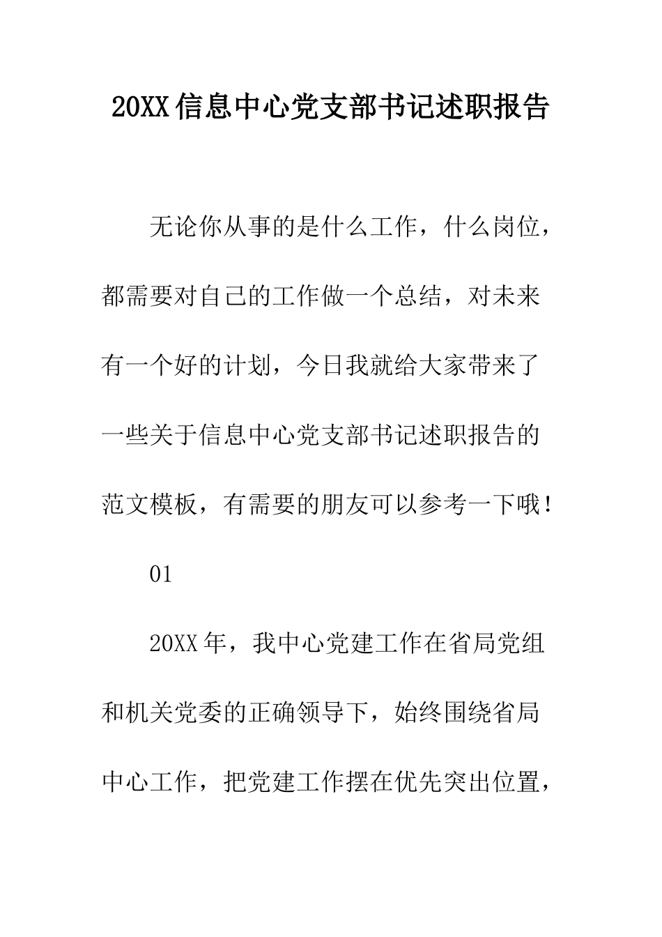 20XX信息中心党支部书记述职报告_第1页