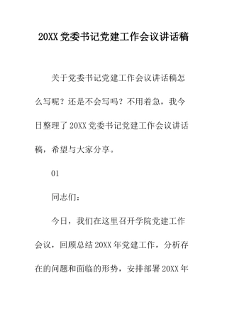 20XX党委书记党建工作会议讲话稿