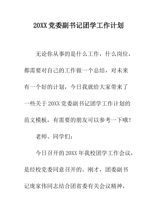 20XX党委副书记团学工作计划