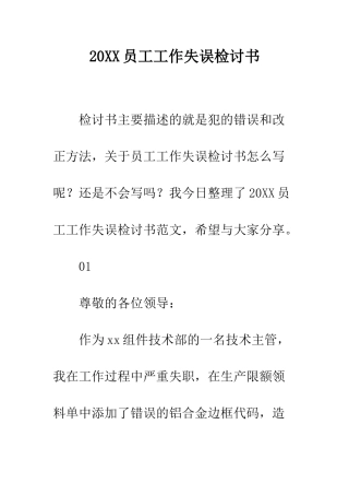 20XX员工工作失误检讨书