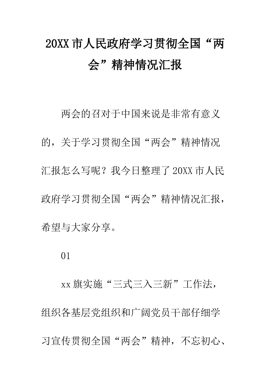 20XX市人民政府学习贯彻全国“两会”精神情况汇报_第1页