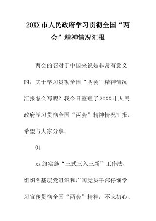 20XX市人民政府学习贯彻全国“两会”精神情况汇报