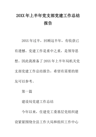 20XX年上半年党支部党建工作总结报告