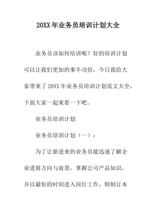 20XX年业务员培训计划大全