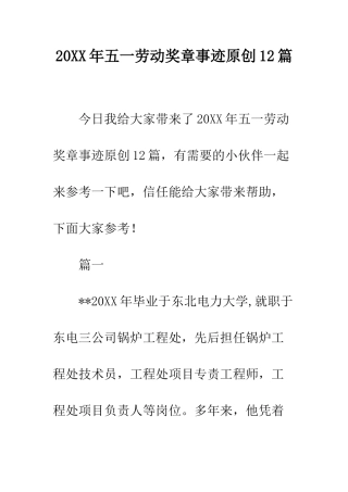 20XX年五一劳动奖章事迹原创12篇