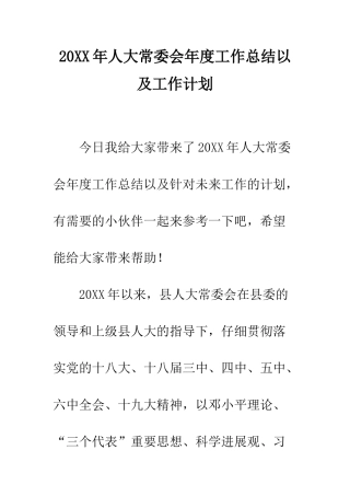20XX年人大常委会年度工作总结以及工作计划