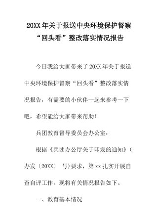 20XX年关于报送中央环境保护督察“回头看”整改落实情况报告
