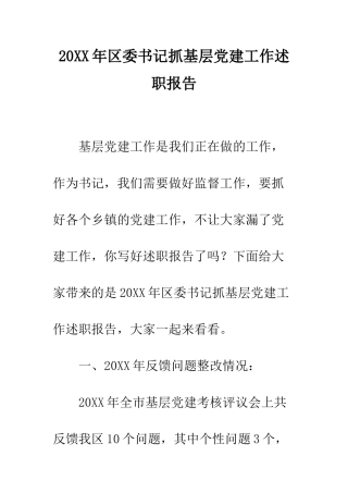 20XX年区委书记抓基层党建工作述职报告