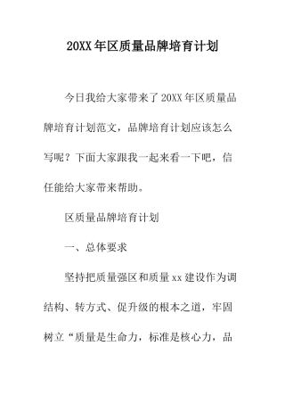 20XX年区质量品牌培育计划