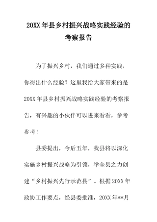 20XX年县乡村振兴战略实践经验的考察报告