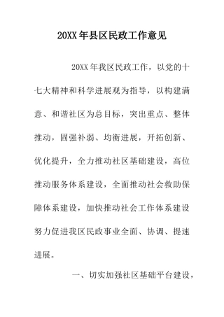 20XX年县区民政工作意见