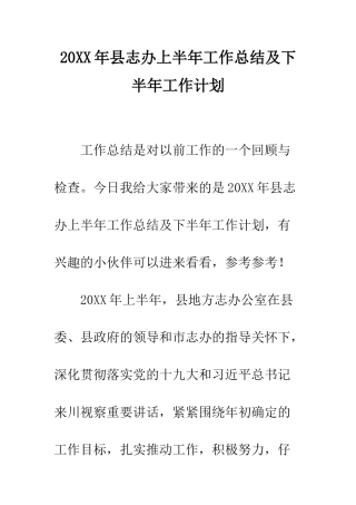 20XX年县志办上半年工作总结及下半年工作计划
