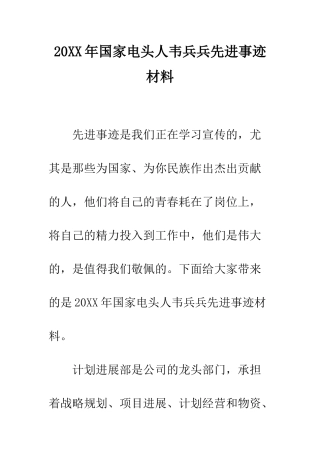 20XX年国家电头人韦兵兵先进事迹材料