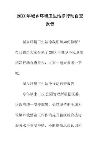 20XX年城乡环境卫生整洁行动自查报告
