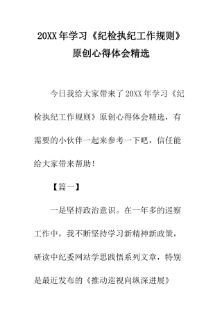 20XX年学习《纪检执纪工作规则》原创心得体会精选