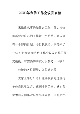 20XX年宣传工作会议发言稿