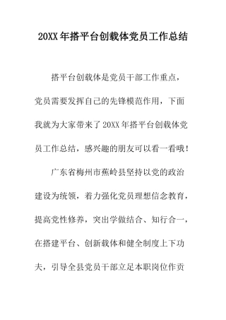 20XX年搭平台创载体党员工作总结