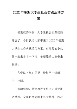 20XX年暑期大学生社会实践活动方案