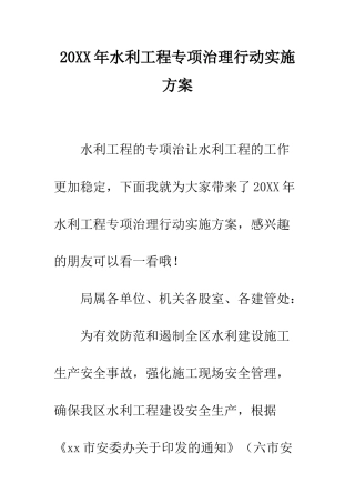 20XX年水利工程专项治理行动实施方案