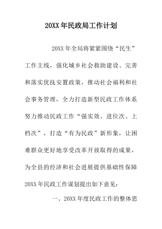 20XX年民政局工作计划