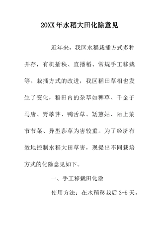 20XX年水稻大田化除意见