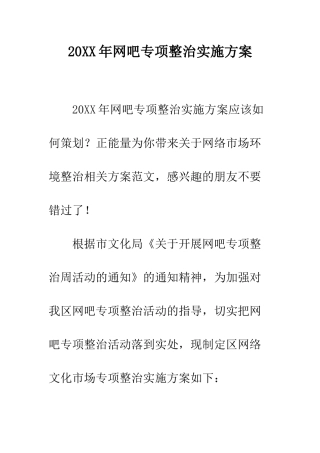 20XX年网吧专项整治实施方案