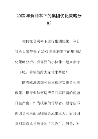 20XX年负利率下的集团优化策略分析