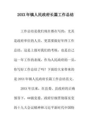 20XX年镇人民政府长篇工作总结