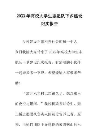 20XX年高校大学生志愿队下乡建设纪实报告