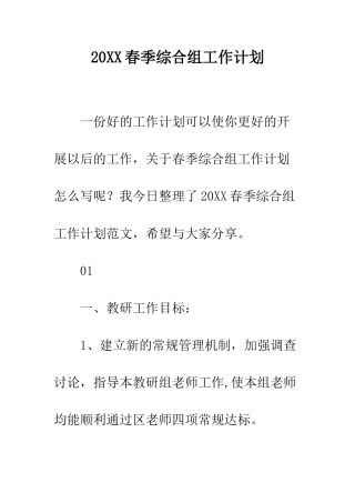 20XX春季综合组工作计划