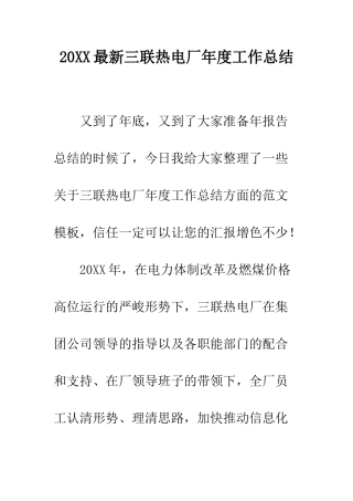 20XX最新三联热电厂年度工作总结