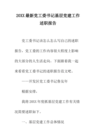 20XX最新党工委书记基层党建工作述职报告